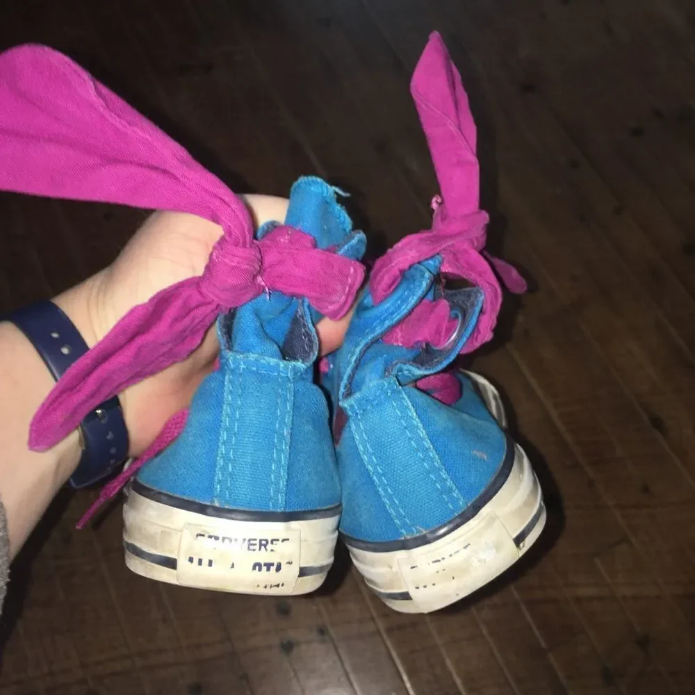 Converse blue and purple bow high top sneakers